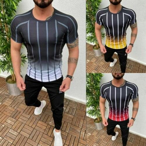 New Men Running T-Shirts Contrast Color Gradient Short T Shirt Short Sleeve Summer Stripe Gym Sports Exercise Tops Tee Patchwork