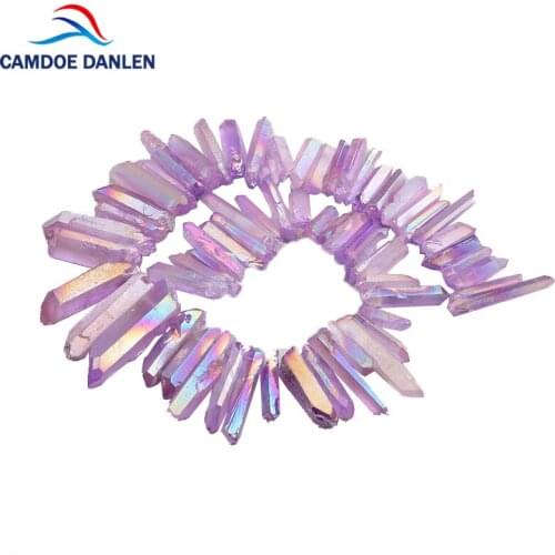 CAMDOE DANLEN Natural Stone Pink Titanium Coated Rock Raw Crystal Quartz Pillar Top Drilled Pendant Beads 15" Strand Diy Jewelry