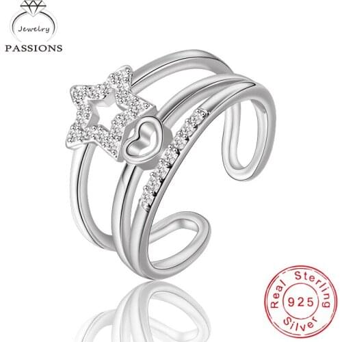 New Fashion 925 Sterling Silver AAA Zircon Adjustable 3 Layer Rings Star&Heart Rhinestone CZ Three Floor Ring Women Jewelry Gift