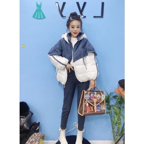 Korean Coat Females Hooded Bread Clothing Winter Cotton Jackets Women Stilysh Denim Stitching Contrast Color Cotton Coat Women