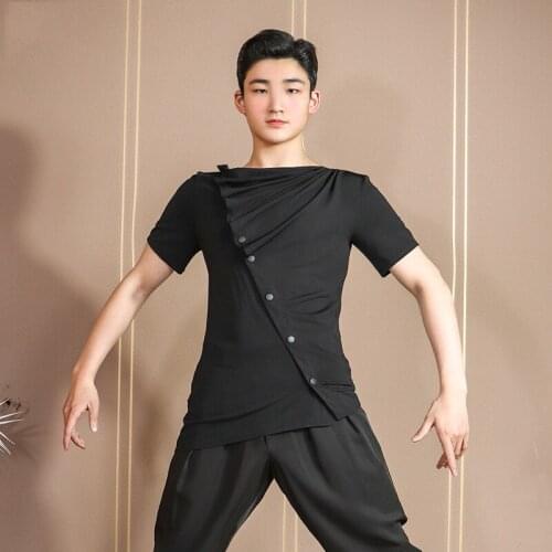 Latin Dance Costumes MenS Top Summer New Short-Sleeved Practice Clothes Crystal Cotton Black Male Latin Dance Clothes DN8479