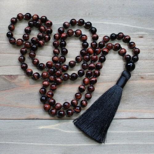 Red Tigers Eye Necklace Luxury Jewelry 108 Mala Beads With Black Tassel Necklace Hand Knotted Necklaces Yoga Gift For Men