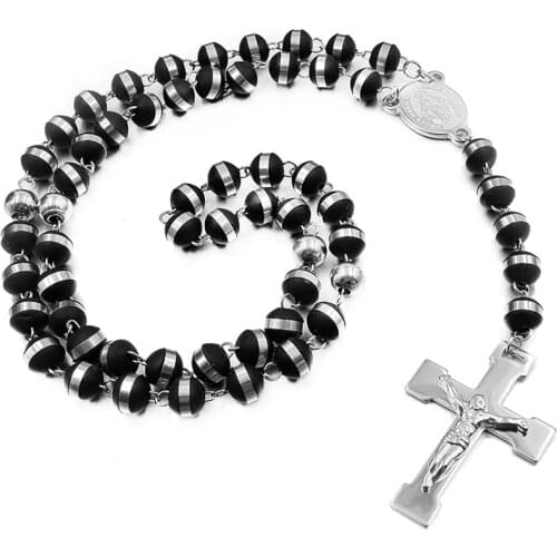 Anniversary cool men beads necklace cross 8mm wide stainless steel for man rosary necklaces,classical religious christian RN100