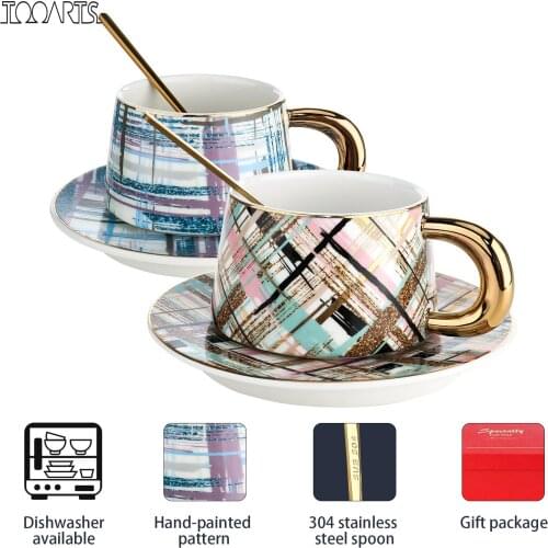 Tooarts coffee mug Coffee Cup and Saucer Set Ceramic Tea Cup Gift Packaging Couple Cup 304 Steel Spoon Cups