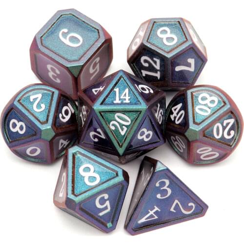 Haxtec Metal Dice Set Chameleon Color Changing DND Polyhedral RPG for D&D-Dark Army Green Blue Shift White Numbers