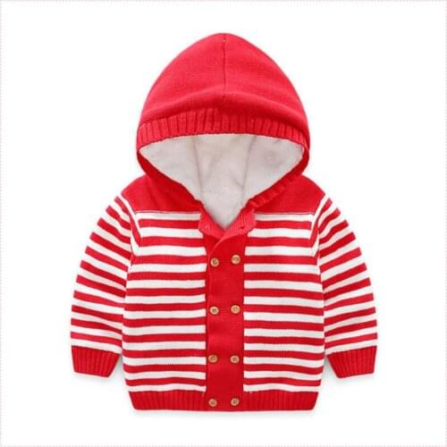 Autumn Winter kids clothes baby girls / boys hooded knitted sweater jackets children plus velvet knitwear coat