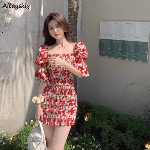 Dress Women Mini Print Flare Sleeve Sexy Summer Korean Style Elegant Prevalent Ladies Vestidos Square Collar Stylish Temperament
