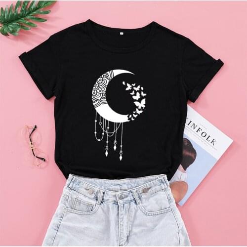 Vintage Moon Butterfly Printing Aesthetic Graphic T Shirts Short Sleeve O Neck Plus Size 5xl Woman Tshirts Tops Mujer Camisetas