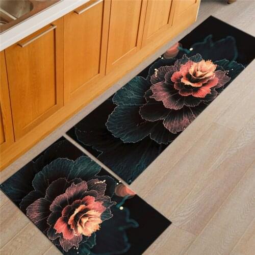Luxury Floral Black Entrance Door Mat Hallway Rug Soft Flannel Long Bedside Mat Decor Floor Mat For Kitchen Bathroom Mat
