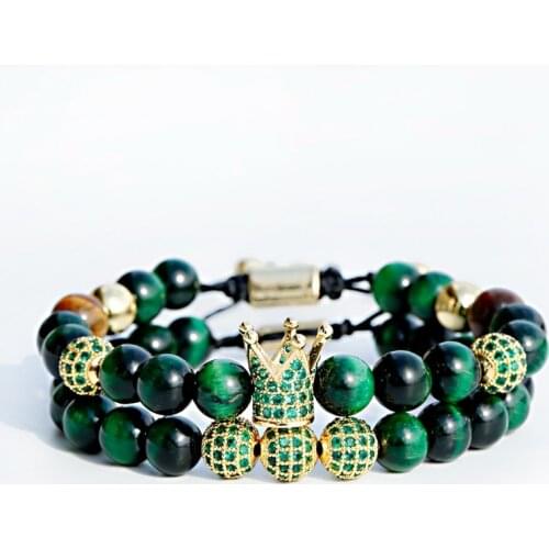 Luxury Fashion Men Green Zircon Crown Ball Bracelet Homme Classic Green Tiger Eye Stone Beaded Macrame Bracelet