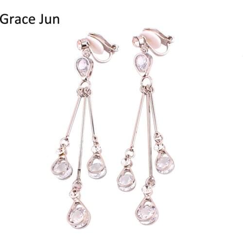 Grace Jun High-grade Full AAA Cubic Zircon Long Tassel Clip on Earrings Non Piercing for Women Elegant Jewelry Ear Clip Bijoux