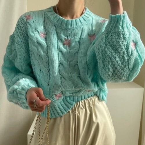 Koren Style Chic Autumn Winter Floral O Neck Long Sleeve Sweater For Women Casual Streetwear Pullover Jumper Ladies Knitwear Top