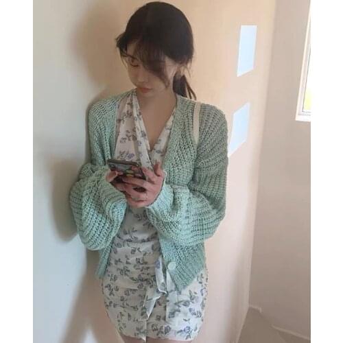 Sweet Mint Green Sweater Cardigan Women Korea Cardigans Vintage Long Sleeve Thin Knitted Garment Casual Solid 2021 Autumn New
