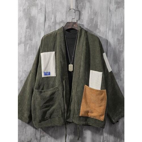 Corduroy Men Kimono Coat Patchwork Jacket Loose Pocket Cardigan Outwear Couple Mens Clothing Robe Japanese-Style Retro Coat
