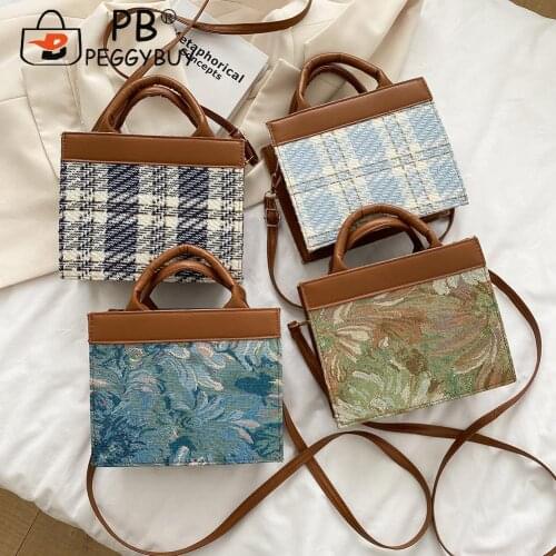 Fashion Women Plaid Oil Printing Shoulder Crossbody Bag Portable Jacquard Canvas Patchwork PU Leather Splicing Messenger Handbag