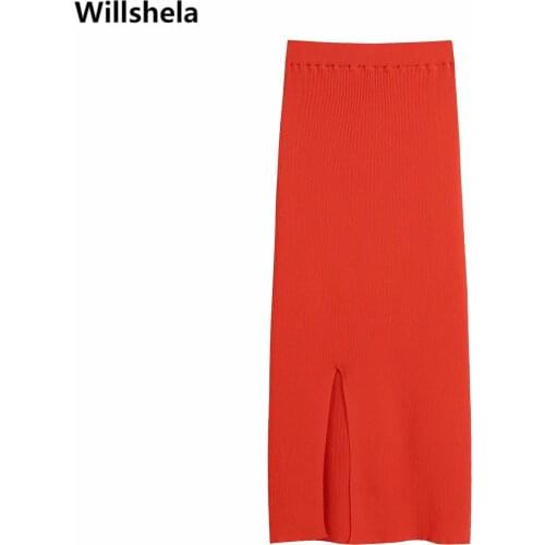 2021 Women Fashion Solid Knitted Midi Skirt High Waist Side Slit Vintage Female Skirts Woman jupe