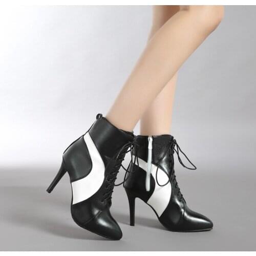 2020 womens spring new high-heeled fashion short boots British lace up color blocking high top shoes pointed warm side zipper b
