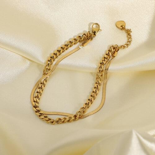 Punk Style 14k Gold Plated Stainless Steel Bracelets For Women Double Layer Cuban Chain Snake Chain Bracelets Jewelry