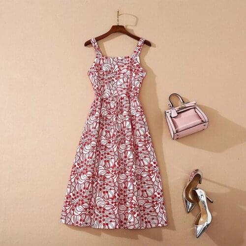 Long Dress 2021 Spring Summer Dress Red Spaghetti Strap Embroidery Empire Fashion Womens Clothes