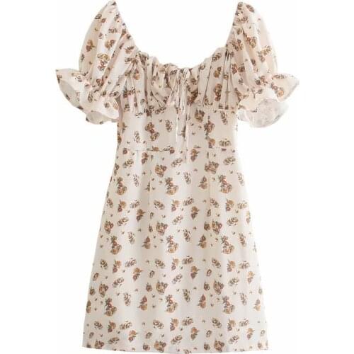 YENKYE Vintage Floral Print Summer Dress Women Sexy Square Neck Short Sleeve A-line Mini Sweet Ladies Dress Holiday Vestido