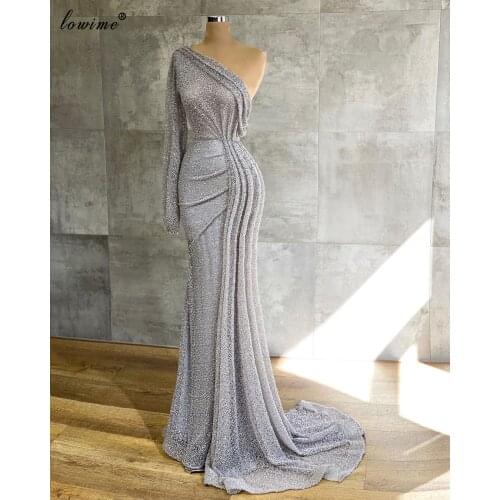 Simple Gray Muslim Evening Dresses Long One Shoulder Evening Gowns Elegant Formal Prom Dresses Party Women Robe De Soiree