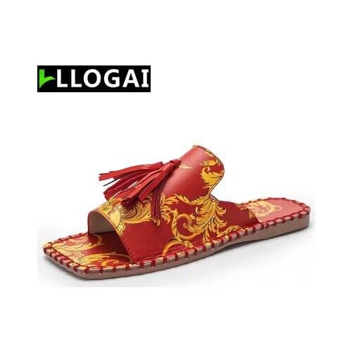 2021 Outdoor Sandals Summer Shoes Womens Sandals Fashion Tassels Brand Beach Slides Retro Print Shoes for Women Flat Slipper