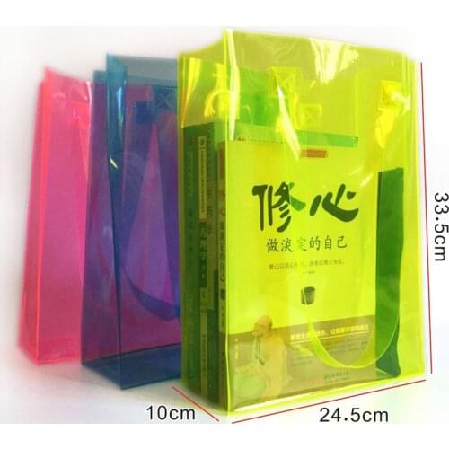 30pcs/lot Yellow Pink Blue Transparent Tote Bag gift bag hand plastic waterproof gift package bag Shopping bag wholesale