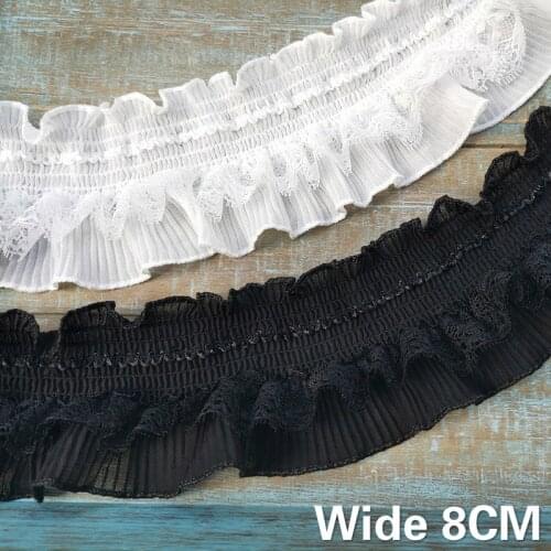 8CM Wide Exquisite White Black Stretch Soft Chiffon Folds Lace Fabric Elastic Ruffle Trim Ribbon Dress Guipure DIY Sewing Decor
