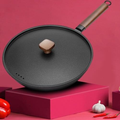 Cast Iron Wok Non-Stick Pans Induction Compatible Kitchen Fried Egg Steak Griddle Pan Beech Handle With lid Cookware