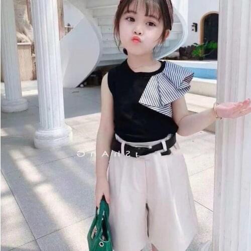 Childrens clothing 2021 girls summer suit new irregular top + shorts two-piece set with belt 2-8 years kids clothes