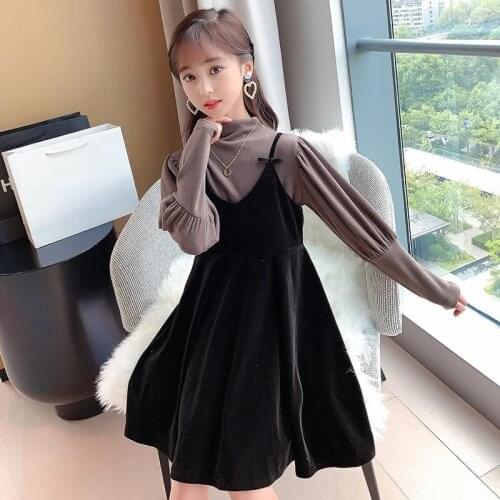 Kids Clothing Set for Girls Fashion Solid Velvet Tops + Sling Dress 2pcs Formal Wedding Party Clothes Children Costume Outfit