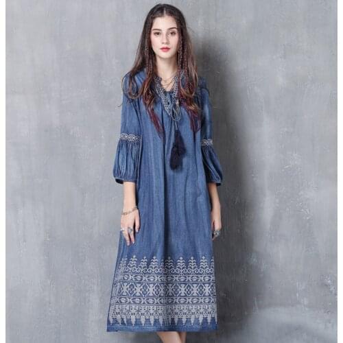 DUISNENA long boho dress cotton denim summer dress floral embroidery women dresses v-neck vintage robe plus size vestidos