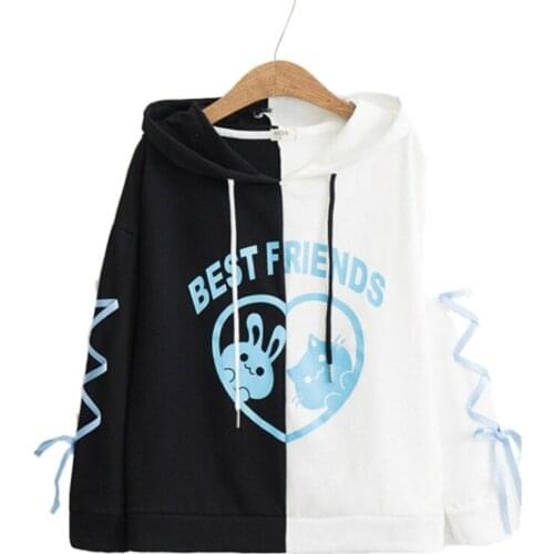 Merry Pretty Kawaii Women Hooded Hoodies Rabbit Cat Lovely Patchwork Cute Girls Lace Up Long Sleeve Sweatshirt Female Pullovers