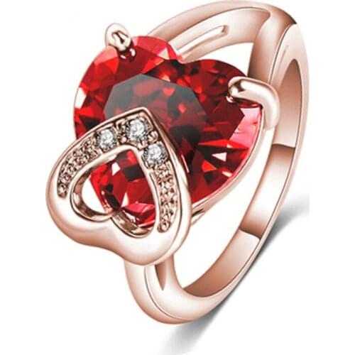 MOONROCY Rose Gold Color Rings Cubic Zirconia CZ Red Purple Crystal Ring Heart Wedding Rings for Women Girls Gift Dropshipping
