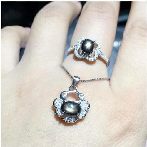 Free Shipping Natural sapphire jewelry set Natural Real Star sapphire 925 sterling silver 1pc pendant,1pc ring