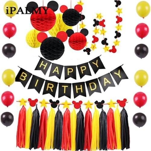 Red Yellow Black Theme Birthday Party Decoration Set with Sweet Cartoons Honeycomb Balls Stars Garland Banner Party Supplies