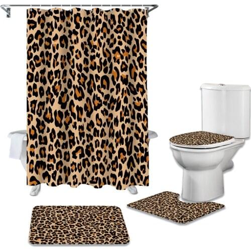 Leopard Print Cheetah Art Pattern Shower Curtain Toilet Seat Cover Set Wc Accessories Mat Bathroom Decor Bath Curtains