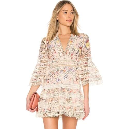Multicolor Ruffle Plunge V Neck Embroidery Cut Out Floral Half Sleeve Summer New Embroidery Lace Mini Dress