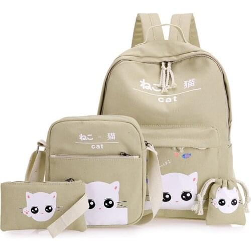 Hot Selling 4 Pcs/Set Fashion Korean Women Backpack Canvas Lovely Cartoon Cat Printed Shoulder Bags Lady Girl School Bag