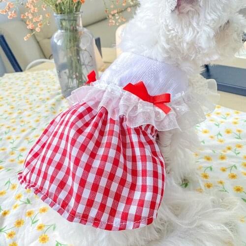 Cute Dog Clothes Lace Plaid Cat Dog Skirts Spring Summer Bowknot Princess Pet Clothing For Small Dogs Yorkshire Cats Costumes