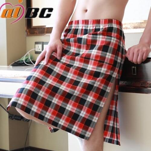 Mens underwear check nightdress cotton casual home bath skirt breathable sweat-absorbent bilateral split boys nightdress youpin