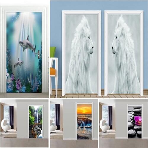 Living Room Upholstery Door Sticker Grey White Lion Shark Printing Poster Self Adhesive Vinyl Corridor Boys Room Door Wallpaper