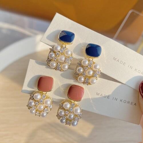 New fashion jewelry copper inlaid zircon square earrings womens high-end sense of pearl hit color drip oil all-match earrings