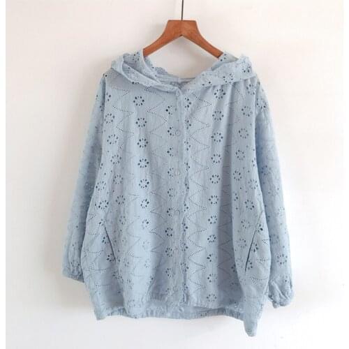 Solid Hollow Out Hooded Women Shirts Autumn New 2021 Long-Sleeved Vintage Embroidery Loose Female Outwear Coats Tops