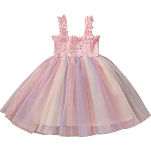0-5Y Breathable Little Girls Slip Dress Summer Children Creative Rainbow Mesh Splicing Sleeveless Suspender Princess Dresses
