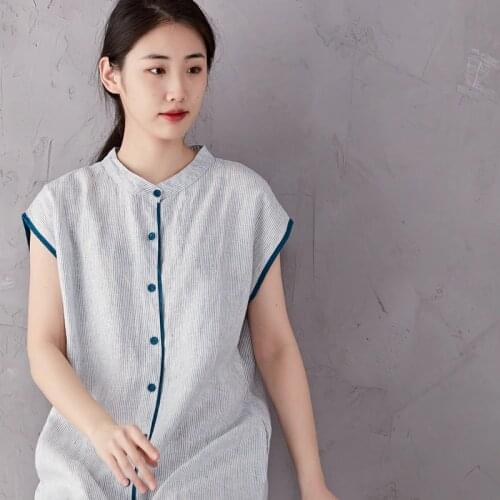 Yarn dyed linen dress, striped shirt, stand collar, short sleeve, summer and spring Dress 2021032