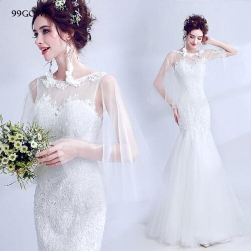 99GOWN Chapel Train Wedding Dresses Batwing Sleeve Sexy Mermaid Long Wedding Dress 2019 Simple Tulle Lace Long Bride Bridal Gown