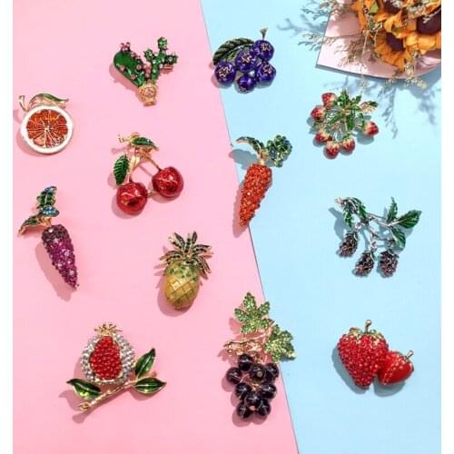QIDIAN Beautiful Colorful Fruit Crystal Brooch Korean Cartoon Fresh Grape Strawberry Radish Pin Scarf Cardigan Accessories
