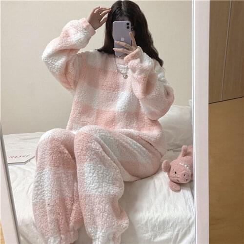 QWEEK Pajamas for Women Plaid Pink and White Flannel Pijamas Kawaii Cartoon Print Lounge Sets Winter Girls Home Clothes Pyjams