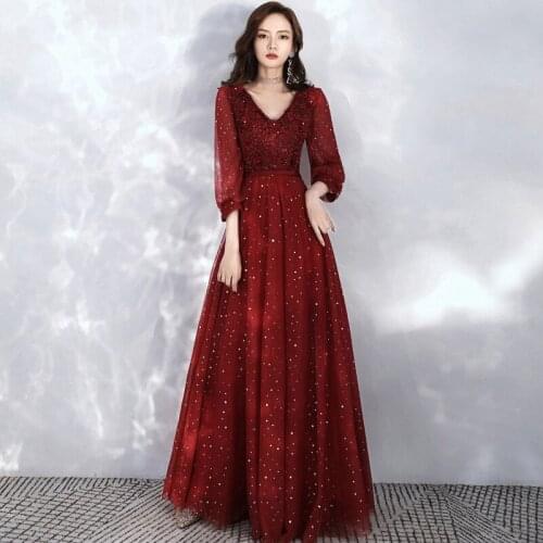 Sexy Sequins Embroidery Applique Long Sleeve Chiffon Evening Dress Cheongsam Back Bandage Prom Fomail Gown Vestidos De Noche